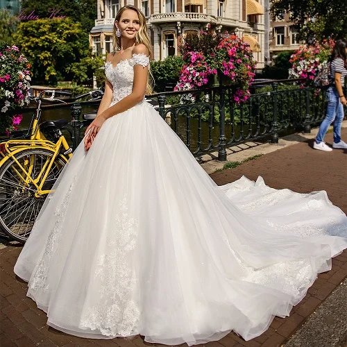 Picture White Color Новое Стильное блестящее свадебное платье трапециевидной формы с открытыми плечами из органзы, украшенное бисером, с аппликацией и вырезом лодочкой, платье невесты - Цвет: Picture White Color