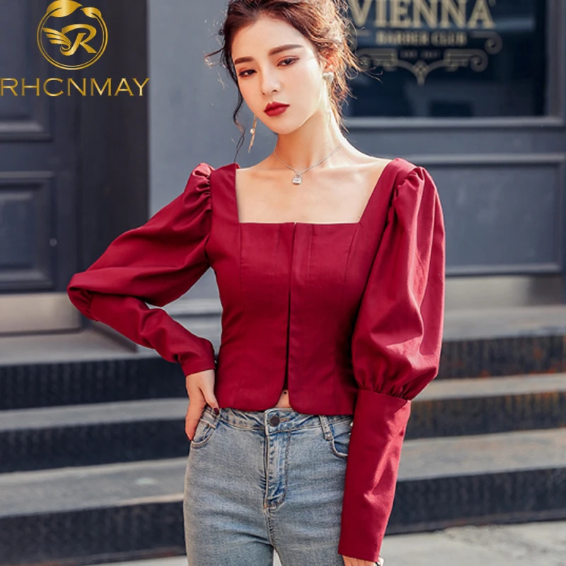 2020 Women's Spring Square Collar Shirt Female Little Sexy Long Sleeve Puff Top Solid Red wine |