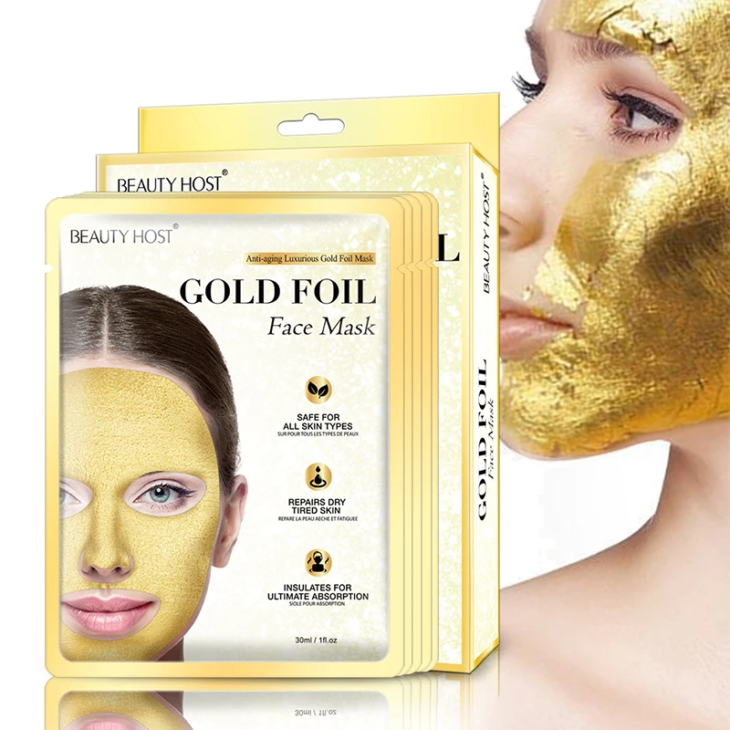 5PCS Beauty Host Gold Foil Facial Mask Moisturizing Fades Fine Lines Anti Wrinkle Anti-aging Skin Care Face Facial Sheet Mask 99 9% pure copper cu metal sheet foil plate h62 brass metal sheet foil plate strip 0 1 0 6mm copper strip copper skin red cu