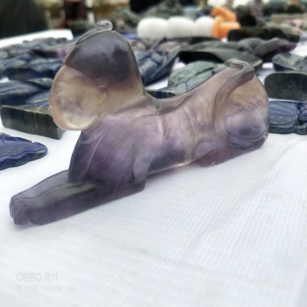 Натуральный флюорит резьба Кристалл животное Сфинкс фигурка для украшения натуральный кварц минеральный камень