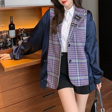 

Women Blazer Jacket Spliced Baseball Uniform Mix And Match Blazer Fake Two Pieces Blazer Mujer England Style Top