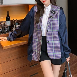Blazer feminino jaqueta emendada uniforme de beisebol mistura e jogo blazer falso duas peças blazer mujer inglaterra estilo topo