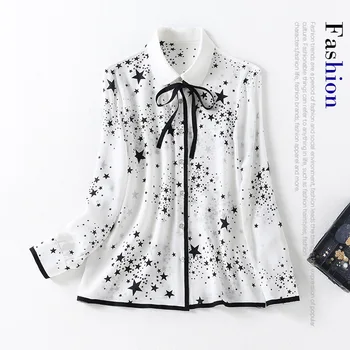 

New baby collar tie bow star print long sleeve single breasted and all around silk shirt top