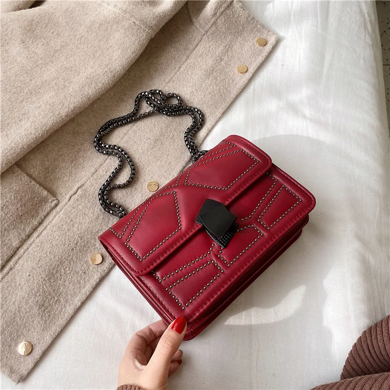 

Retro Rivets Designer Crossbody Bags For Women New Square Small Chain Shoulder Messenger Bag Female Quality Pu Leather Handbags