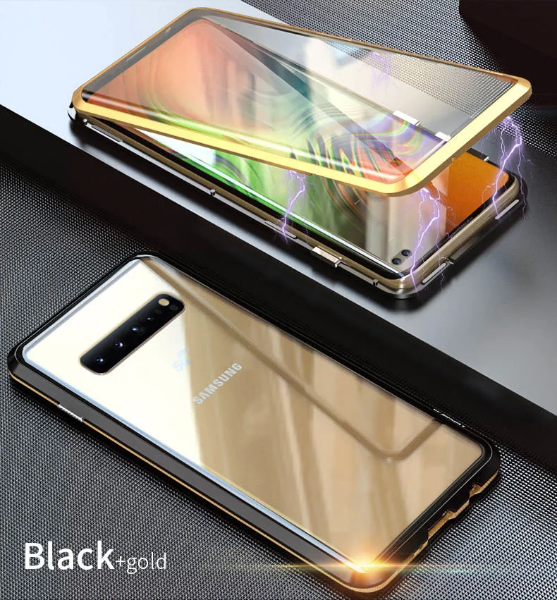360 магнитный двойной чехол из закаленного стекла для samsung Galaxy S10 S9 Plus S10plus S8 Магнитный флип-чехол для samsung Note 10 10+ 9 8 - Цвет: blackandgold