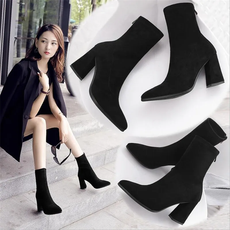 

Female high heel boots pointed frosted zipper in the tube 2018 autumn and winter new wild casual fashion suede women's boots