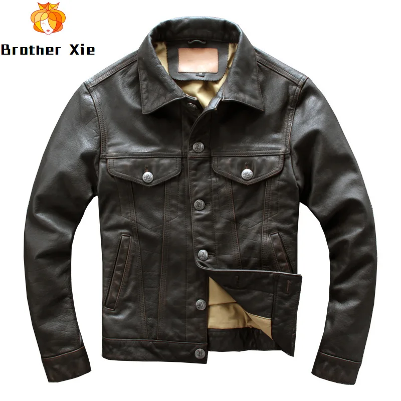 

Vintage Real Cowhide Leather Jacket Men's Slim Motorcycle Biker Genuine Leather Jacket for Male Plus Size 4XL R3053