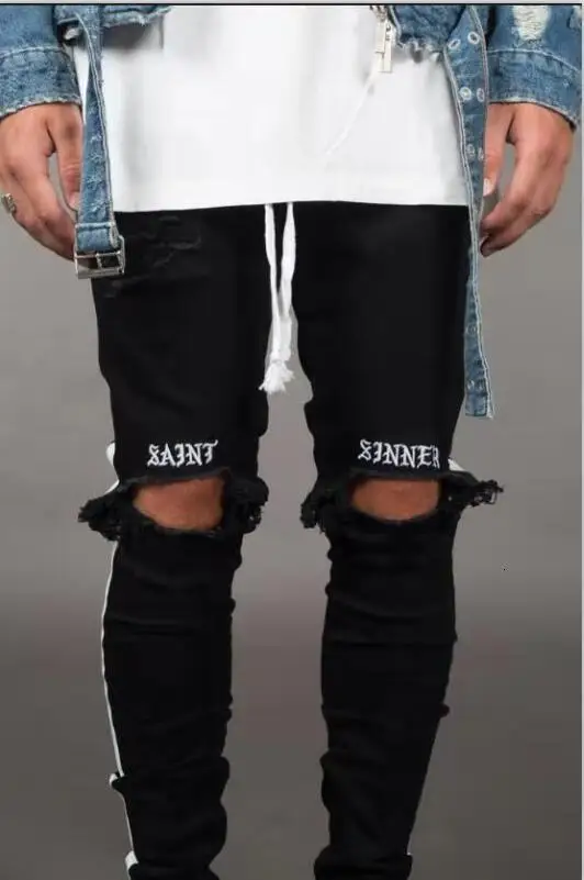 Mens Stretch Men Knee Holes Ripped Skinny Jeans 2019 Black Pencil Denim Trousers Designer Distressed Side Striped Joggers Pant Mens Stretch Men Knee Holes Ripped Skinny Jeans 2019 Black Pencil Denim Trousers Designer Distressed Side Striped Joggers Pant