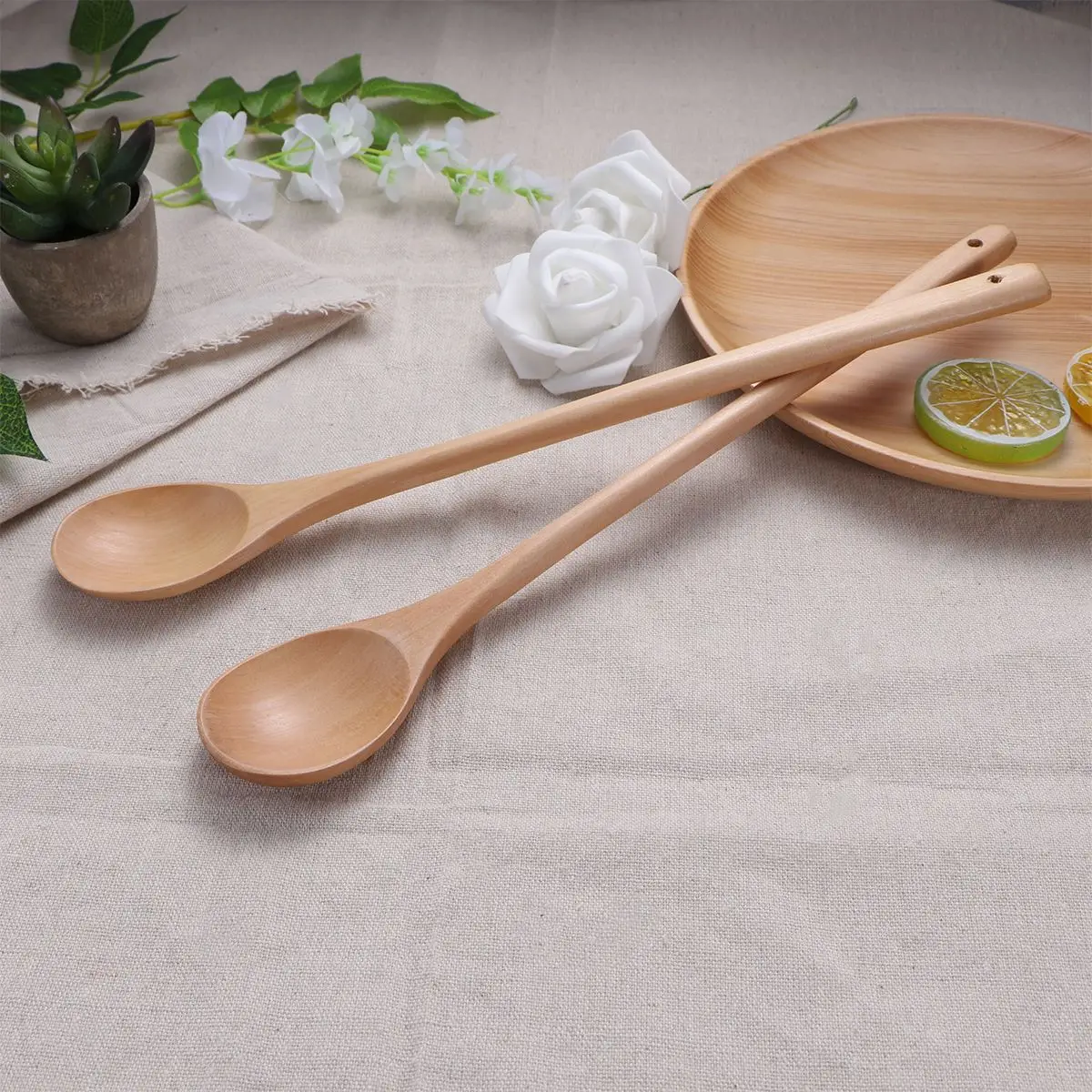 2Pcs Long Handle Wooden Stirring Spoons Jam Spoon Kitchen Cooking Utensils 33cm