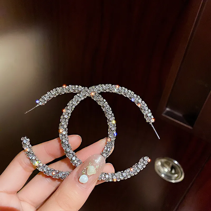 FYUAN Fashion Big Round Crystal Hoop Earrings for Women Bijoux Silver Color Rhinestone Earrings Statement Jewelry Party