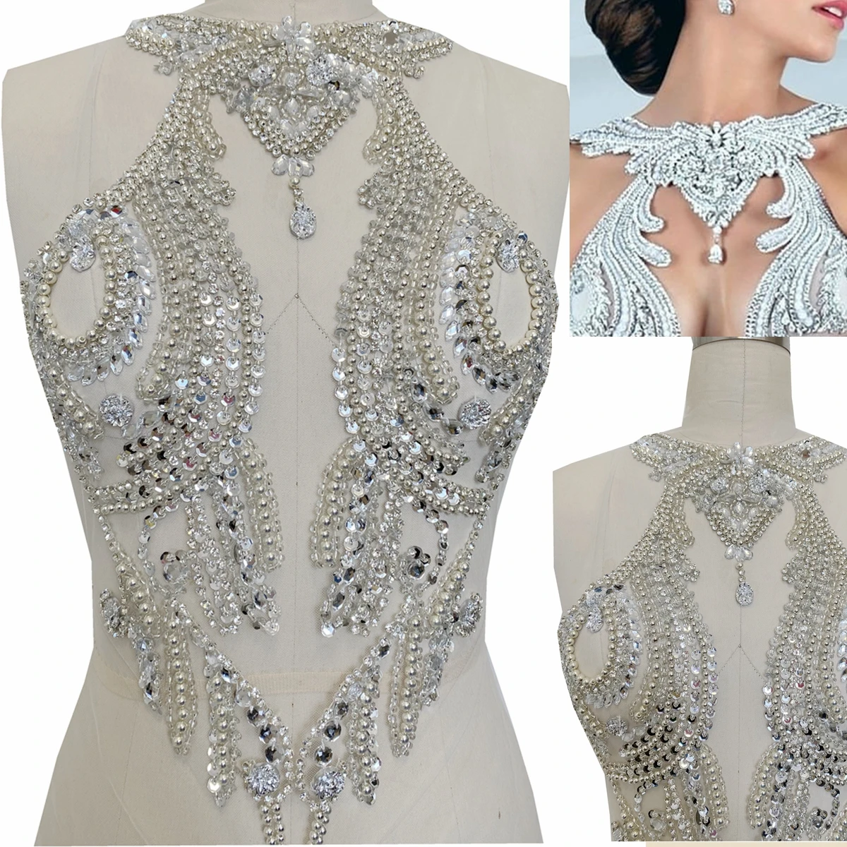 Handmade silver sew on rhinestones applique for dress DIY