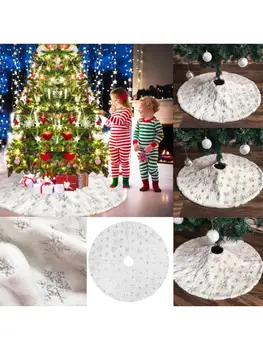 

35/48 Inch Luxury White Plush Christmas Tree Skirt Ornament with Silver Sequins Snowflake Embroidery Circle Apron Xmas Holiday