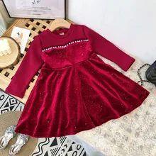 Осень-зима, теплое флисовое платье принцессы с длинными рукавами для девочек, детское праздничное платье с жемчужинами