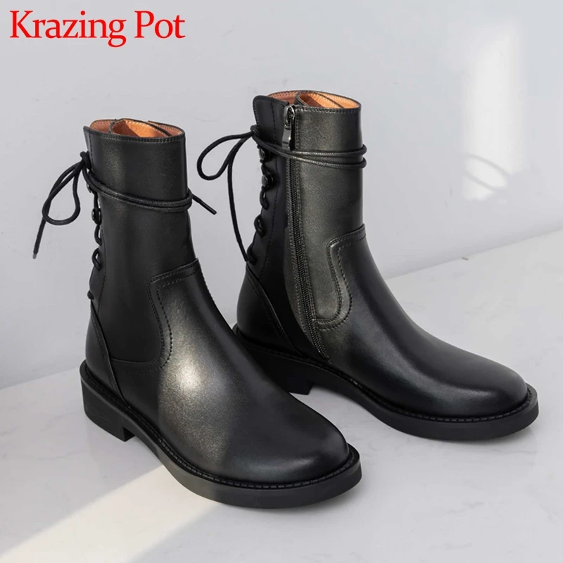 

Krazing Pot solid Chelsea boots genuine leather round toe med heels back lace up winter warm side zip women mid-calf boots L33