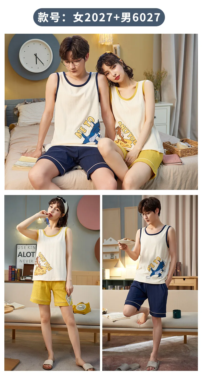 Couple Pajamas Set Summer Cotton Sleeveless Vest Sleepwear Men Women Leisure Oversized Homewar Kawaii Panda Print Maiden Pajamas silk pj set