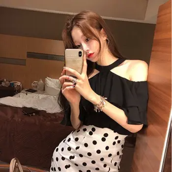 

COIGARSAM Ruffles blouse women Summer Short Sleeve Chiffon blusas womens tops and blouses White Black 911