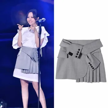 

2020 Spring Women's Design Sense Double Long Sleeve Knotting Tie Frenulum Short Skirt with Irregular Plaid Pleated Skirt