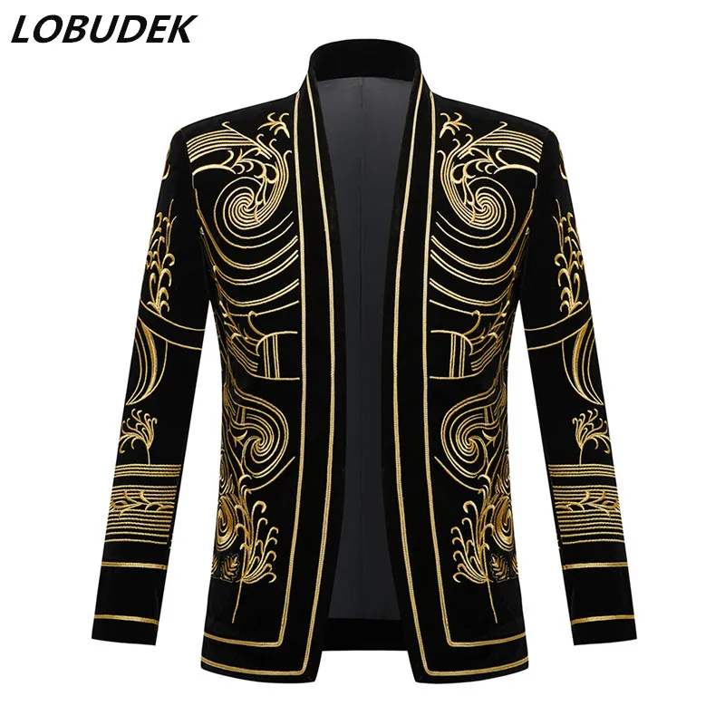 Men Gold Embroidery Velvet Blazer Court Suit Jacket Bar Nightclub Concert Male Singer Cardigan Blazers Stage Performance Costume