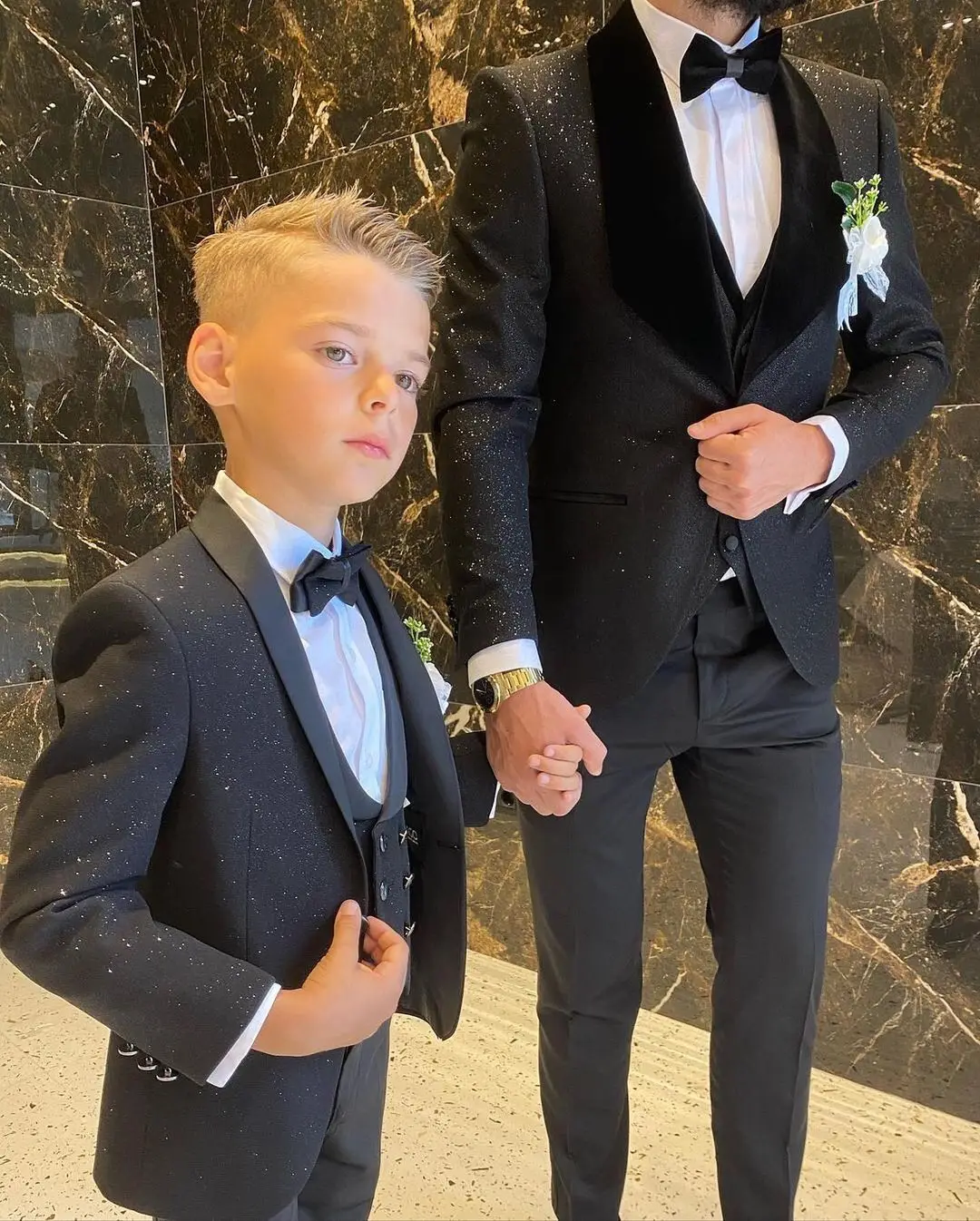 Zwarte Lovertjes Jongen Formele Pakken Diner Tuxedos Kleine Jongens Bruidsjonkers Kids Voor Bruiloft Feestavond Pak Wear (Jas + vest + Broek)