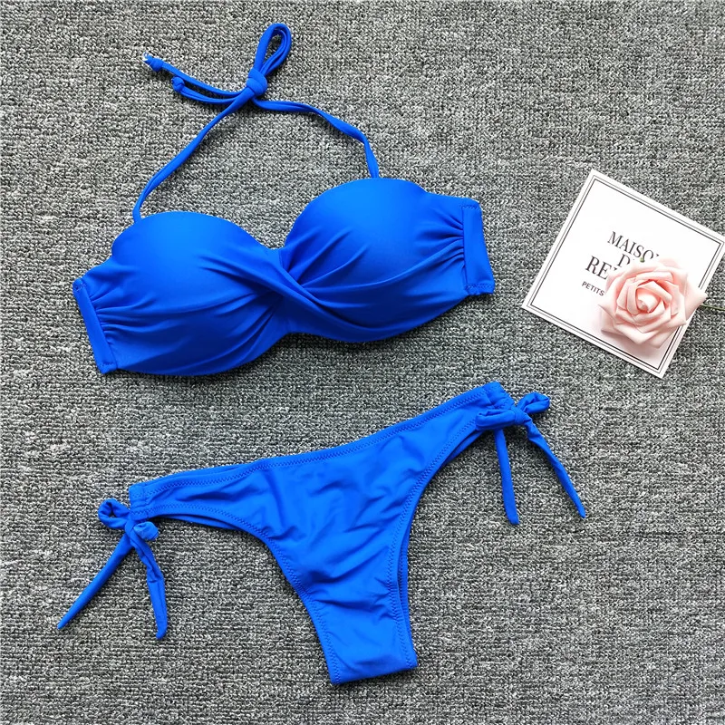 Женский купальник с эффектом пуш-ап, комплект из двух частей, флуоресцентный цветной бикини, Бразильская бикини, одноцветные бикини, женская одежда для плавания