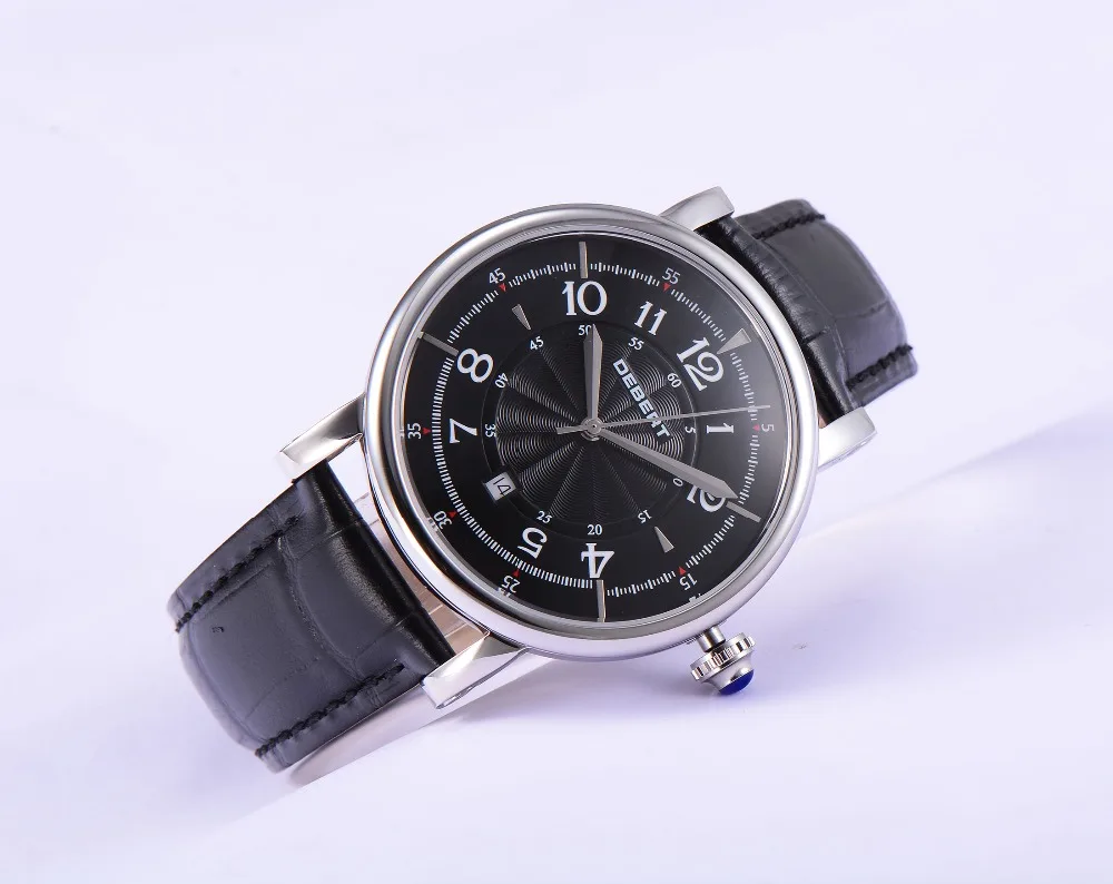 Deber 43 мм черный циферблат с датой кожаный ремешок Стильные повседневные мужские автоматические механические часы