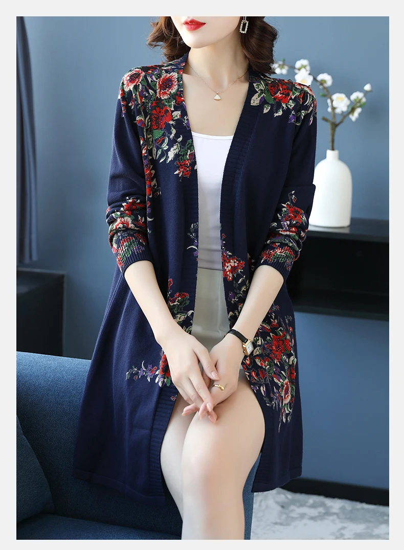 Feminino longo cardigan outono primavera floral impressão