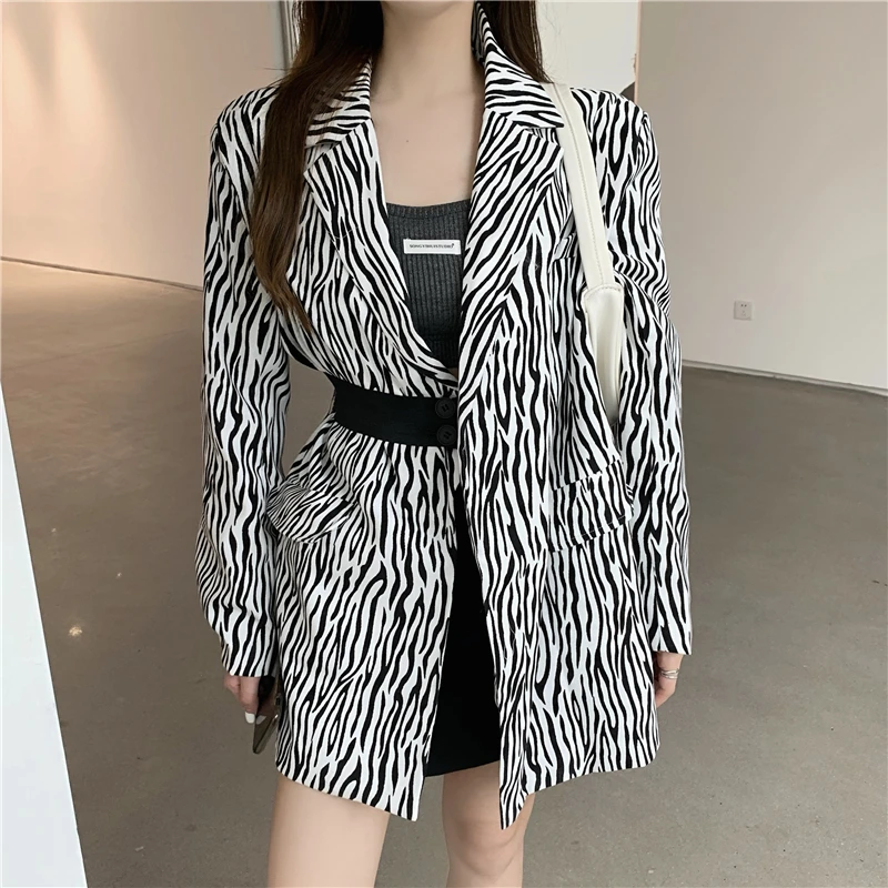 

Zebra Pattern Suit Jackets Women Fall Fashion New Casual Loose Rubber Band Belt Mid-length Blazers Femme Cool Streetwear Outwear