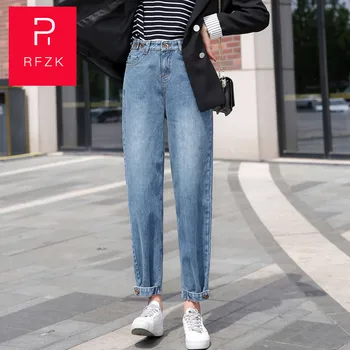 

RFZK plus velvet jeans women's pants 2020 new loose straight high waist was thin wild elastic waist dad Harlan pants