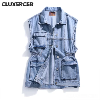 

Summer Elastic Waist Casual Jeans Vest Women Sleeveless Jacket Female Autumn Pocket Denim Coat Outwear