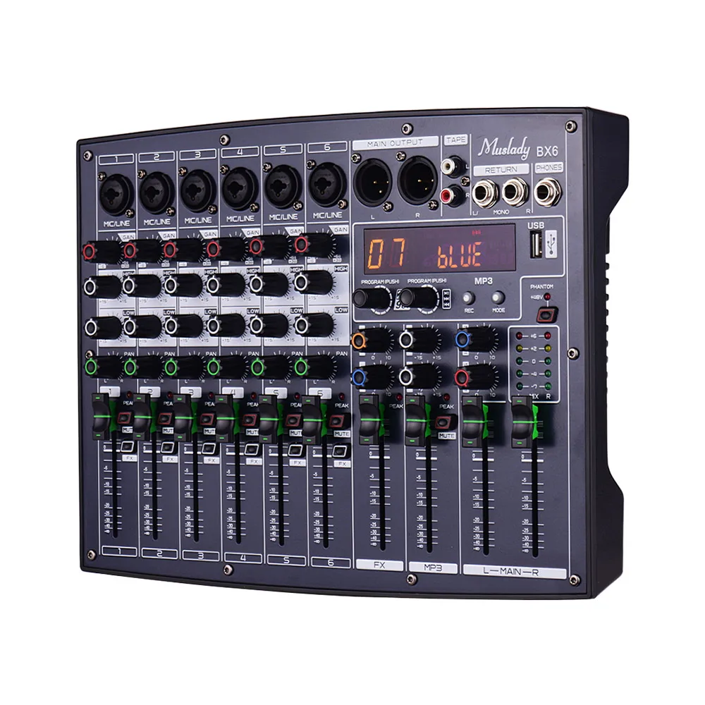 Muslady BX6 микшерный пульт мини 6 микшер каналов с 16 DSP эффектов встроенный 48V Phantom с источником питания подключения BT