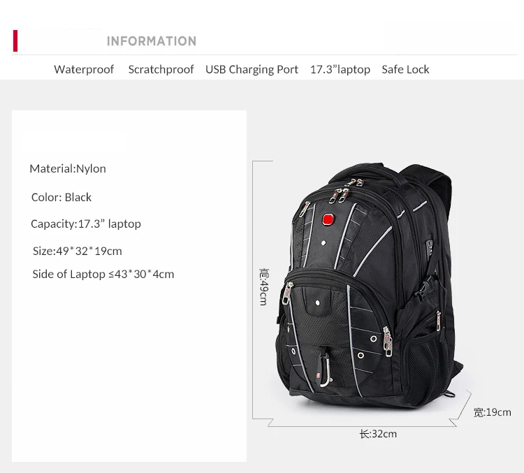 SWISS GEAR men/'s three-layer fabric four backpack style laptop backpack handbag
