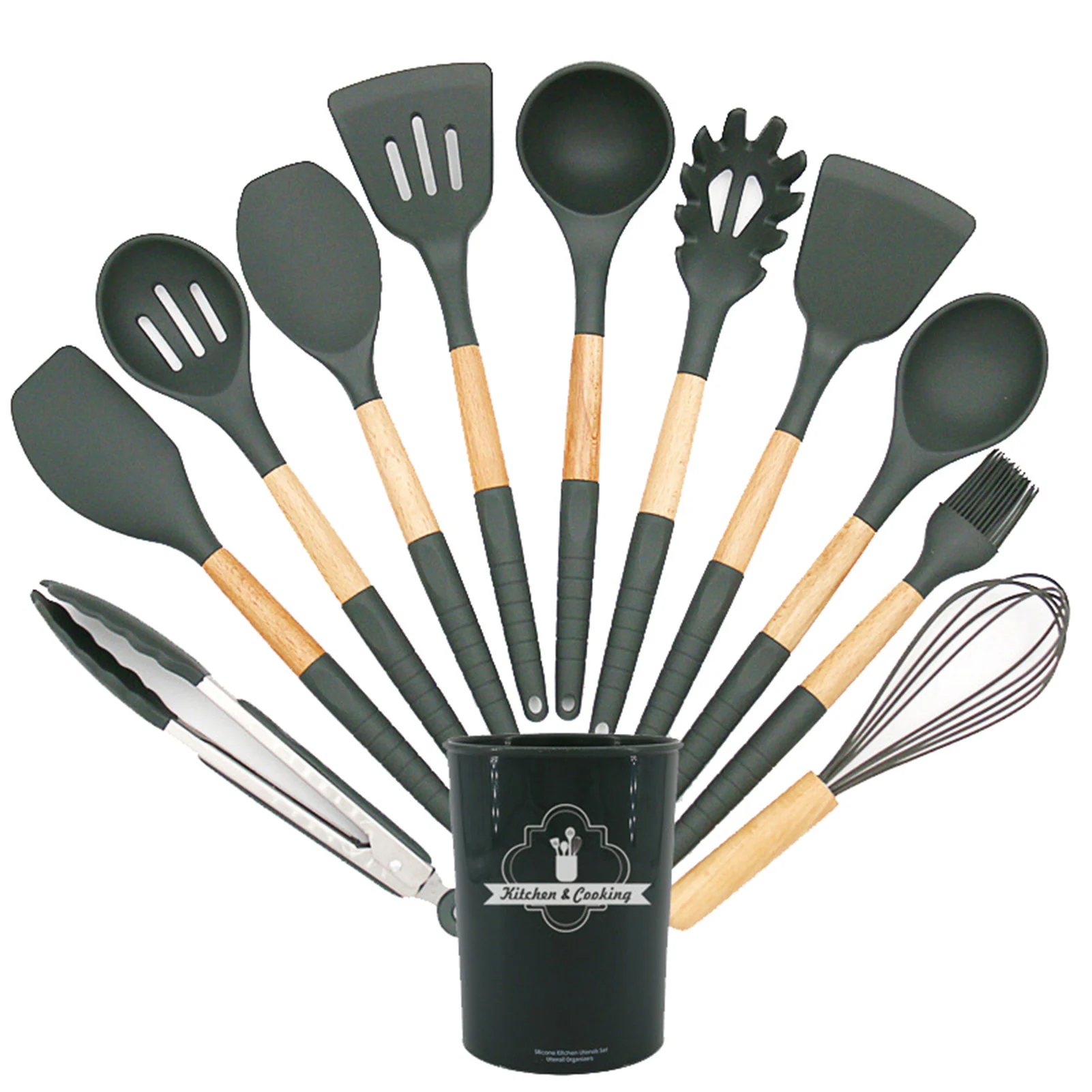 

Kitchen Utensil 11pcs Silicone Baking Utensil Set with Storage Bucket Wooden Cooking Tool Non-stick With Hanging Hole EIG88