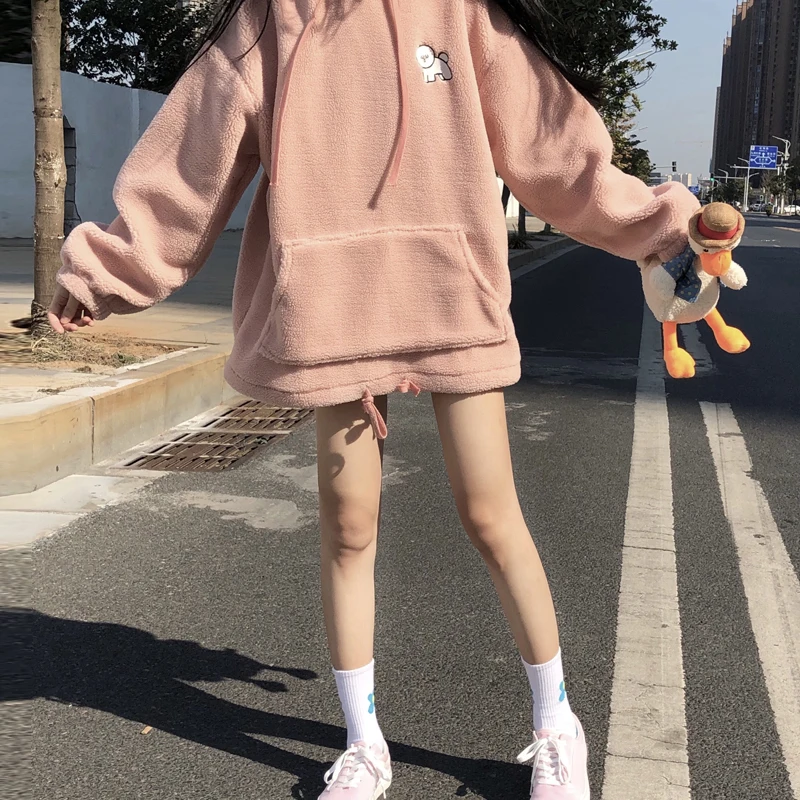 Женская толстовка, Осень-зима, harajuku, пуловер, розовый, негабаритный, длинный рукав, kawaii, флисовая Толстовка для женщин