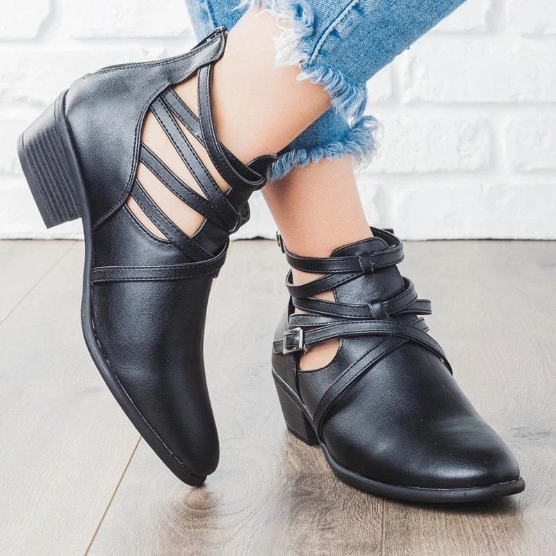

2019 Women's Boots Autumn PU Leather Zipper Low Heel Buckle Boots Chunky Platform Snow Boot Casual Ladies Ankle Shoes
