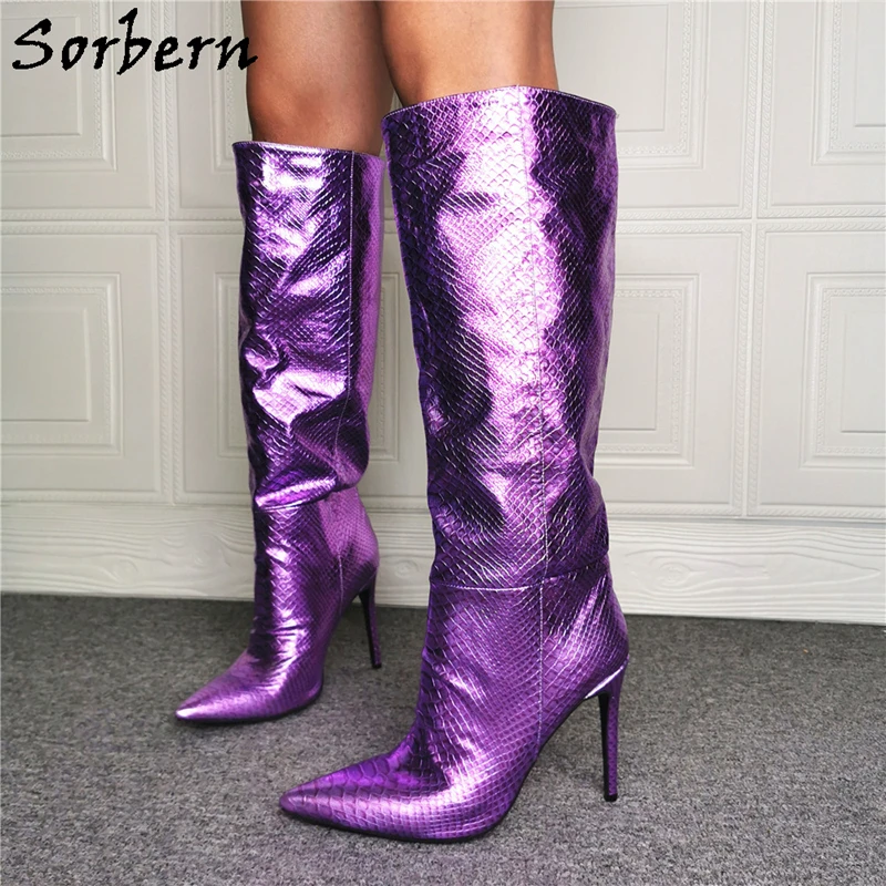 

Sorbern Purple Snake Metallic Women Boots Wide Fit Straight Knee High Female Boots Pointed Toe High Heel Shoes Custom Colors
