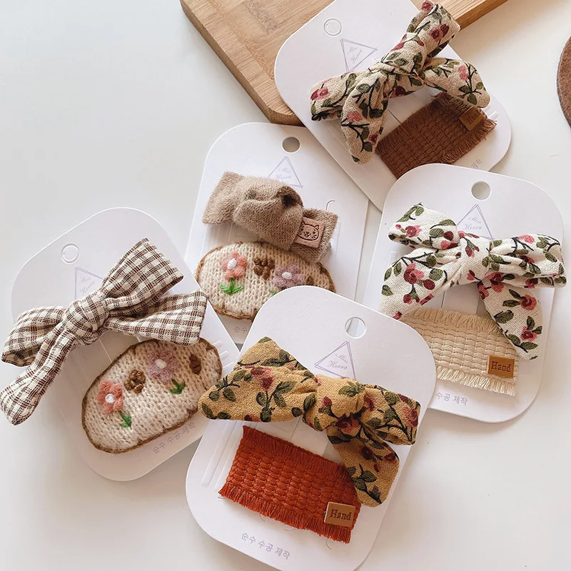 Vintage Baby Girl Hair Clips 2in Handmade Cotton Bows Crochet Woolen Floral Print Kids Hairgrips Cute Children Hair Accessories hair clips hair accessories