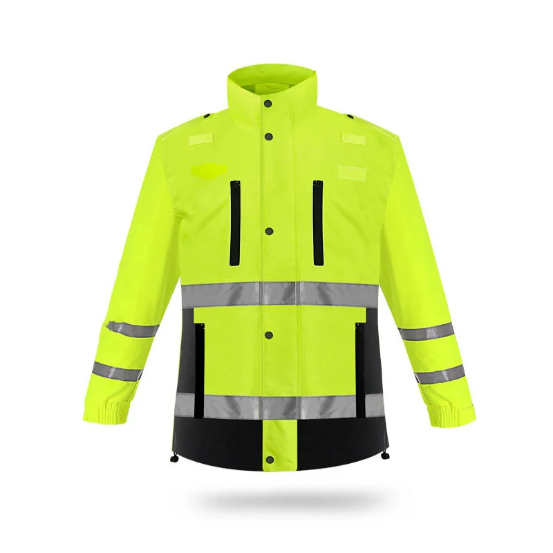 ชายเสื้อแจ็คเก็ต Rain Coat เรืองแสงสีเหลืองและสีดำหนากันน้ำสะท้อนแสง3 ...