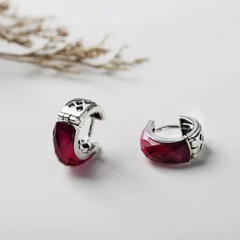 

S925 silver red corundum Earrings retro style simple earrings earrings jewelry inlay hollow design factory wholesale