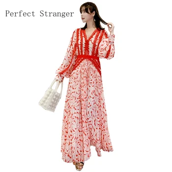 

2020 Summer New Arrival Hot Sale V Collar Long Sleeve Printed Women Chiffon Long Dress