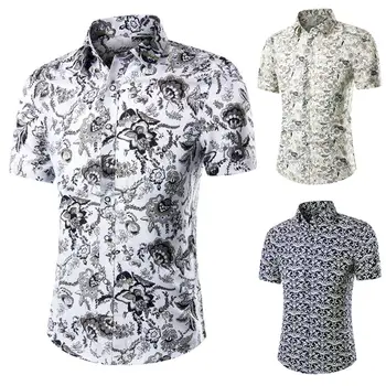 

Plus Size Summer Vintage Men Turn Down Collar Short Sleeve Shirt Slim Fitness Top