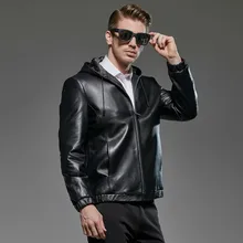 Весенне-осенняя куртка размера плюс из натуральной кожи мужская одежда пальто из овчины с капюшоном повседневные мужские кожаные куртки 181715 KJ2289
