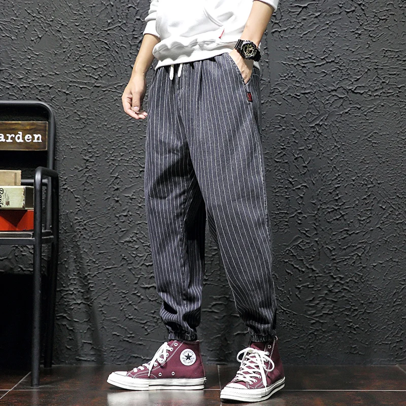 Прямая поставка Японская уличная одежда мужские полосатые шаровары осенние мужские штаны карго черные повседневные мешковатые штаны размера плюс - Цвет: Gray(AsianSize)