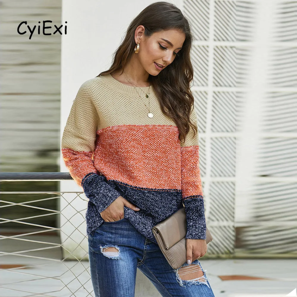 

CyiExi Warm Knitted Pullover Sweater Women Color Block Netted Texture O-neck Long Sleeve Sweaters Female Casual Brief Outwear XL