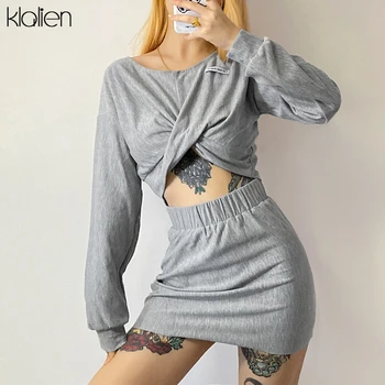 

KLALIEN fashion casual autumn mini skirt and long sleeve top two piece set office lady simple solid two piece skirt set women