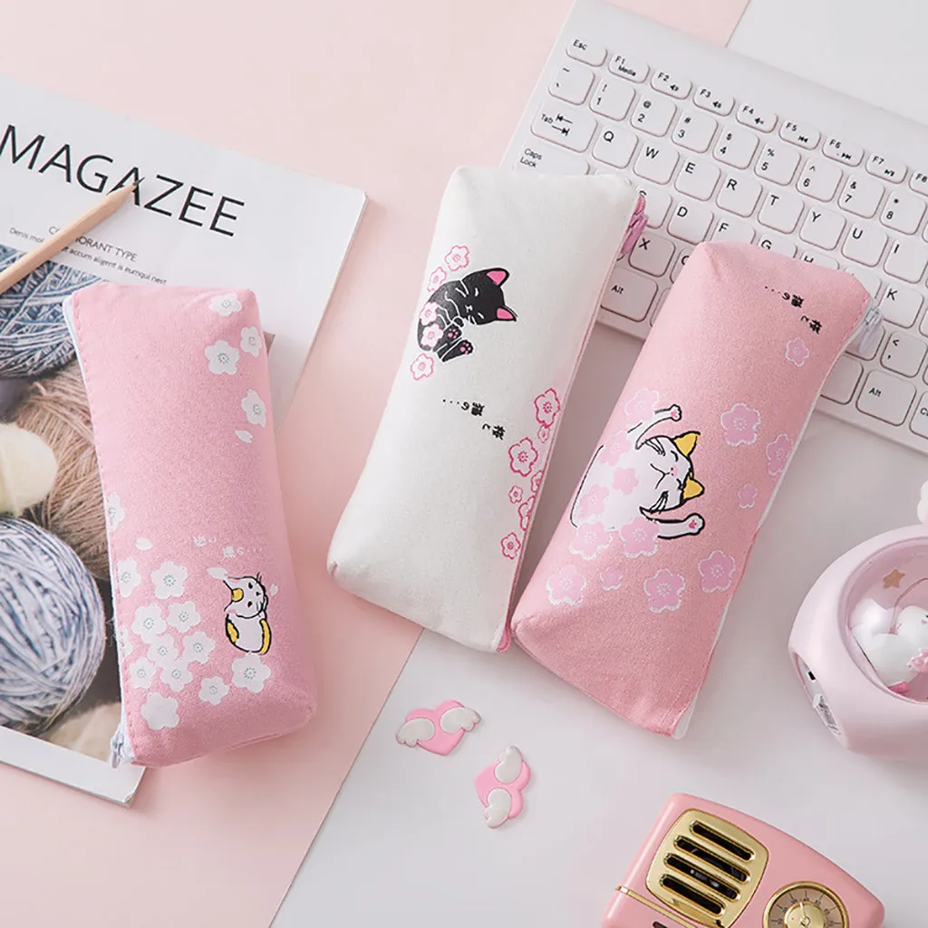 

#20/ Trousse Stylo Desk Organizer Pencil Pouch Kawaii Pink Cat Capacity Canvas Pencil Case Pen Box Girls School Stationery Bag