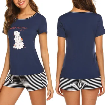 

Striped Shorts Summer Polyester Short Sleeve T Shirt Women Pajama Set Loungewear Soft Crew Neck Ladies Home Night Sleepwear