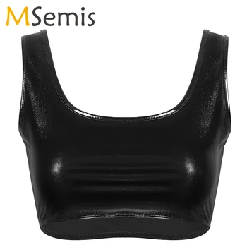 

Women Shiny Metallic Dance Tank Tops Bodice U Neckline Sleeveless Racer Back Sports Bra Top for Gym Workout Activewear Costume