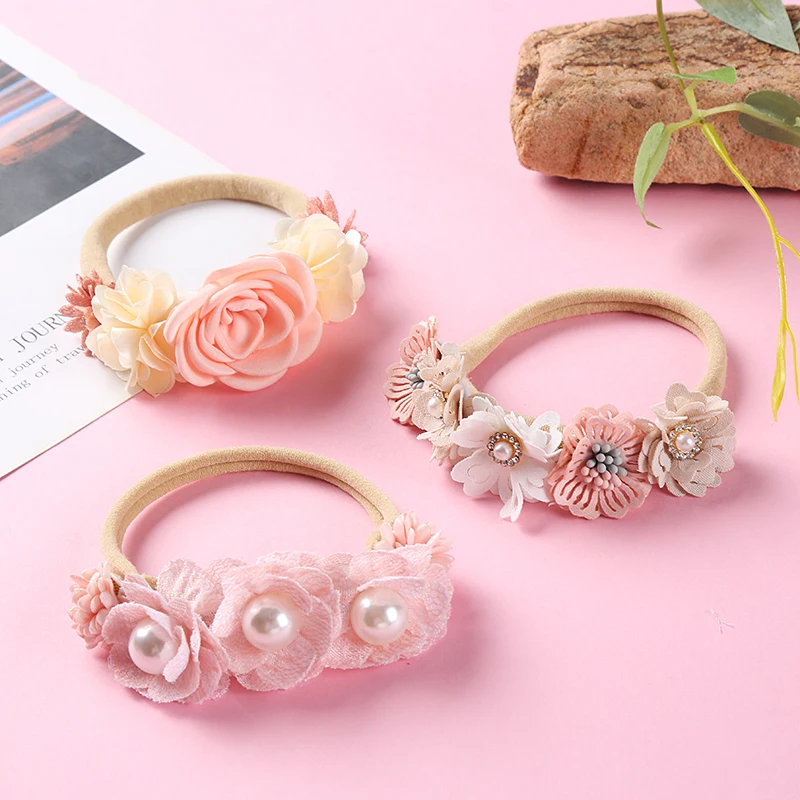 pacifier for baby Balleenshiny 1PC Lovely Princess Baby Headband Kawaii Accessories Pink Flower Pearl Nylon Stretch Headband Floral Kids Hair Band baby stroller toys
