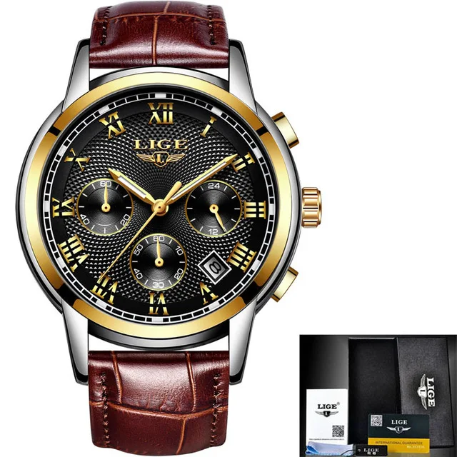 LIGE, брендовые автоматические мужские часы, механические часы, турбийон, спортивные часы, кожа, Бизнес Стиль, Ретро стиль, часы, Relojes Hombre+ коробка - Цвет: L gold black