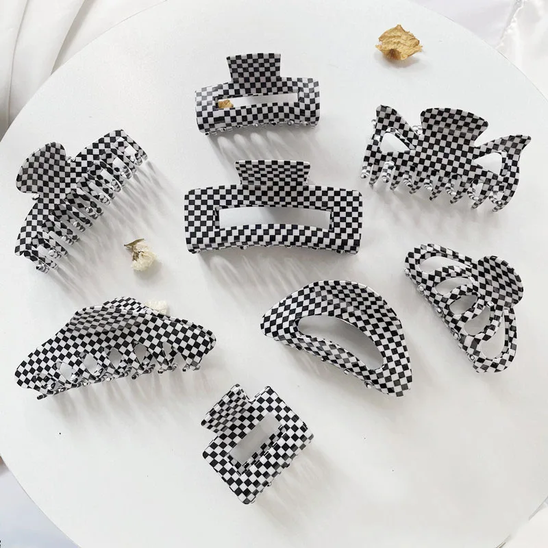 New Large Acetate Hair Claw Clips Geometric Mosaic Checkered Black White Grid Plaid Clamps Shark Clip Grab Ins Women Accessories checkered black and white mini skirt extreme mini dress kpop women clothing outfit korean style